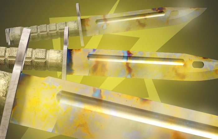 Gold Gem Bayonet CS2 skin with classic straight blade design, featuring top gold gem seeds #395, #848, and #359 from one of the original knives added in 2013