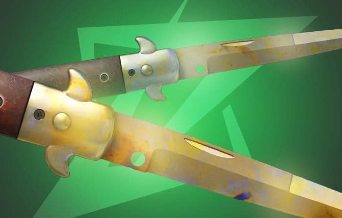 CS2 Gold Gem Stiletto Knife with gold-dominant gem patterns (#268, #895), combining a classic dagger silhouette, reflective gold finish, and budget-friendly pricing