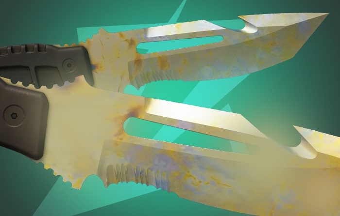 CS2 Gold Gem Survival Knife with gold gem patterns (#927, #159), combining larger gray blade sections, a practical survival knife shape, and solid visual value