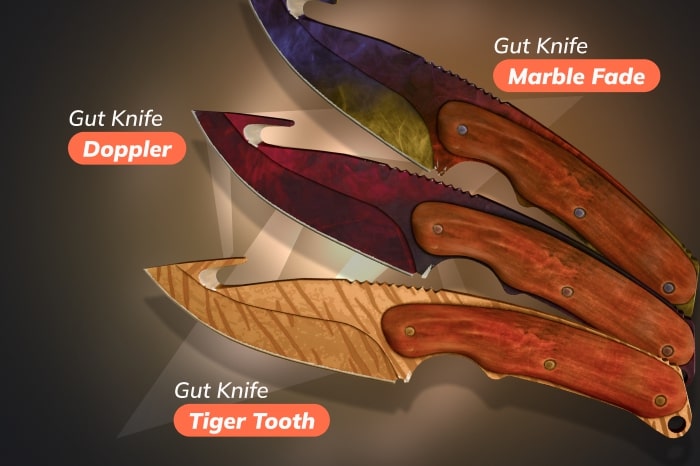 CS2 (CS:GO) Gut knife types featuring  Doppler, Marble Fade and Tiger Tooth skins – example of all CS2  skin types