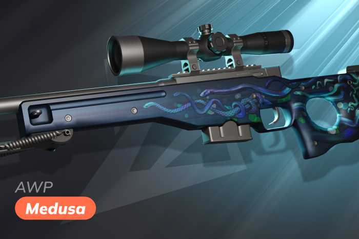 AWP | Medusa Covert rarity skin in CS2 (CS:GO) from The Gods and Monsters Collection, released May 26, 2015, priced around $1,849 to $4,970, featuring mythological Medusa artwork and an old-school premium design, recognized as one of the best AWP skins in CS2 and one of the most valuable AWP skins for collectors looking for cool and artistic AWP skins.