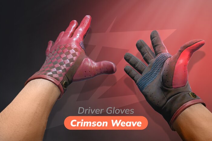 Driver Gloves Crimson Weave CS2 gloves released on November 28, 2016, available from the Glove Case and Operation Hydra Case, priced between $265.56 and $5,427.97. Red suede gloves with a black checkered pattern on the back, offering a clean and luxurious look even in Field-Tested condition. Popular red gloves in CS2 known for their sleek design without bulky protective elements, pairing well with Autotronic and Crimson Web knives for a refined yet aggressive loadout style.