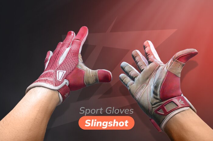 Sport Gloves Slingshot CS2 gloves released on December 3, 2020, available from the Operation Broken Fang Case, Recoil Case, and Snakebite Case, priced between $257.59 and $3,800.42. Popular red gloves CS2 featuring an aggressive sporty design with bright red mesh inserts and white accents on the palm. A high-demand model favored by many pro players for strong in-game contrast and dynamic appearance, ideal for creating a modern, sporty loadout.