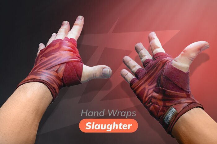 Hand Wraps Slaughter CS2 gloves released on November 28, 2016, available from the Operation Broken Fang Case, Recoil Case, and Snakebite Case, priced between $241.42 and $1,858.86. Red CS2 (CS:GO) gloves with a combat-style design resembling bloody bandage wraps, adding a brutal aesthetic. Appearance heavily depends on CS2 (CS:GO) float value, with deep rich red in Minimal Wear and Factory New, while higher wear looks faded and dirty. Popular choice among the best red gloves in CS2 to pair with Butterfly knives and Karambits.