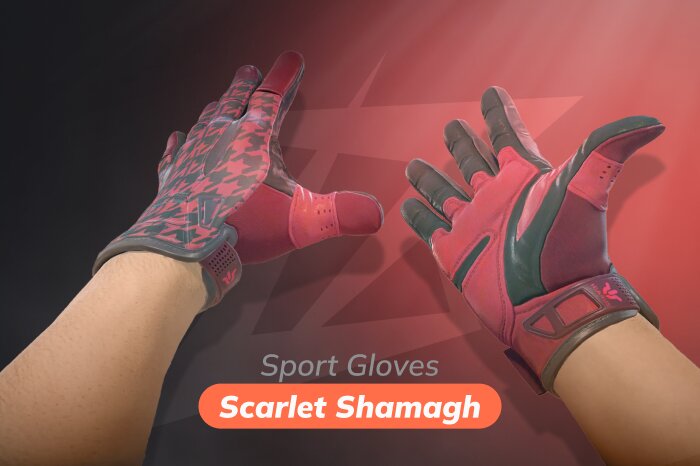 Sport Gloves Scarlet Shamagh CS2 gloves released on December 3, 2020, available from the Glove Case and Operation Hydra Case, priced between $203.53 and $1,302.71. Expensive red CS2 gloves from the Sport line featuring a design inspired by the traditional Arab Shemagh scarf with a distinctive houndstooth pattern. Highly detailed fabric texture in CS2, offering a strong red aesthetic and balanced combination of price and visual appeal, often compared to Sport Gloves Slingshot.