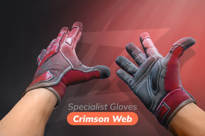 Specialist Gloves Crimson Web CS2 gloves released on February 14, 2018, available from the Clutch Case and Revolution Case, priced between $129.85 and $1,394.57. Red CS2 gloves featuring a web pattern that varies by seed over a solid base, resembling durable protective work gloves. Affordable red gloves option best chosen in Field-Tested or Well-Worn condition, as Battle-Scarred versions show heavy wear, faded color, and reduced visibility of the red web design.