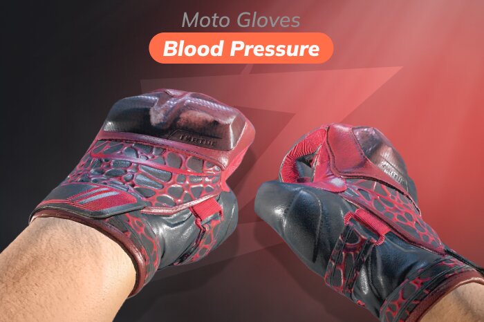 Moto Gloves Blood Pressure CS2 gloves released on December 3, 2020, available from the Operation Broken Fang Case, Recoil Case, and Snakebite Case, priced between $106.65 and $751.70. Affordable red CS2 gloves featuring black leather, carbon fiber inserts, and dark red vein-like accents. A solid mid-range option and popular starter gloves that match many CS2 skins, best chosen in Field-Tested or Well-Worn condition as Battle-Scarred versions show heavy wear and reduced visual quality.