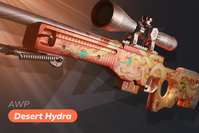 AWP | Desert Hydra Covert rarity skin in CS2 (CS:GO) from The 2021 Mirage Collection, released September 21, 2021, priced around $1,440 to $2,887, featuring a bright aggressive modern design, making it one of the best AWP skins in CS2 for active players who want cool and recognizable premium AWP skins that stand out in matches.