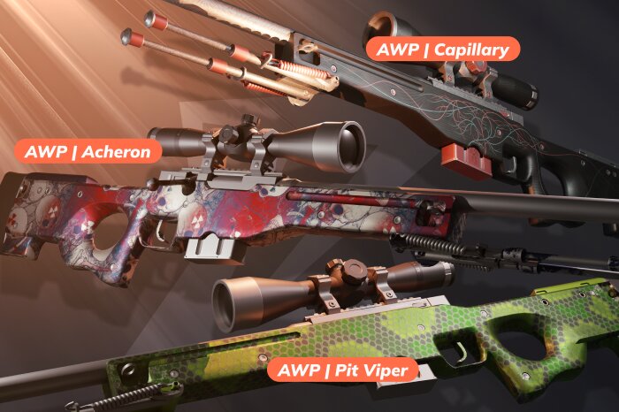 Best cheap AWP skins in CS2 (CS:GO) under $1, featuring AWP | Capillary (Mil-Spec Grade, Prisma 2 Collection, released March 31, 2020, $0.20–$9.65) with clean black and red minimalist lines, AWP | Acheron (Mil-Spec Grade, 2018 Nuke Collection, released September 3, 2018, $0.47–$4.61) with skull and radiation-style details, and AWP | Pit Viper (Restricted, Italy Collection, released November 27, 2013, $0.77–$1.29) showing classic sand camouflage, making them great budget picks for players looking for awp cheap skins.