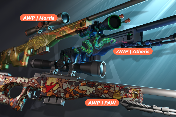 Best AWP skins under $5 in CS2 (CS:GO), featuring AWP | PAW (Restricted, Horizon Collection, released August 1, 2018, $2.22–$6.25) with cute cat-themed design, AWP | Atheris (Restricted, Prisma Collection, released March 13, 2019, $3.63–$19.30) with a bright green snake pattern, and AWP | Mortis (Classified, Clutch Collection, released February 14, 2018, $4.17–$17.54) inspired by the Death tarot card with dark gold and red details, making them great budget AWP skins for players looking for cheap AWP skins and stylish options that stand out in-game.