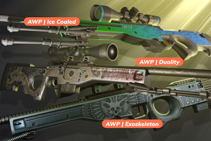 Best AWP skins under $10 in CS2 (CS:GO), featuring AWP | Exoskeleton (Restricted, Operation Broken Fang Collection, released December 3, 2020, $5.23–$75.73) with dark cyber-futuristic geometric design, AWP | Ice Coaled (Classified, Genesis Collection, released September 16, 2025, $7.54–$58.82) with a clean green-to-blue gradient style, and AWP | Duality (Classified, Revolution Collection, released February 9, 2023, $3.48–$16.71) with contrasting light and dark artwork, making them some of the best budget AWP skins for players who want good-looking cheap AWP skins without overspending.
