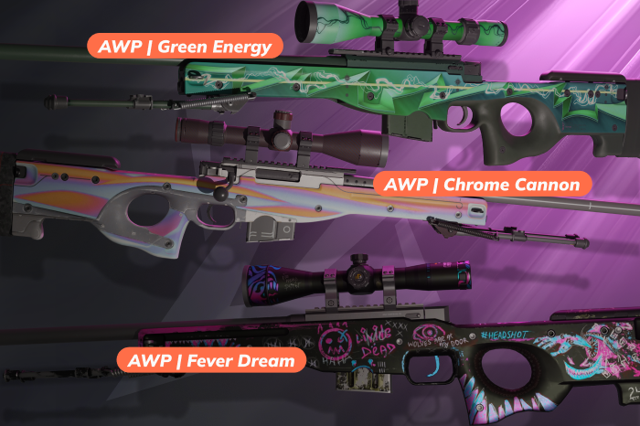 Best AWP skins under $20 in CS2 (CS:GO), featuring AWP | Chrome Cannon (Covert, Kilowatt Collection, released February 6, 2024, $12.12–$113.00) with shiny chrome finish and bright accents, AWP | Fever Dream (Classified, Spectrum Collection, released March 15, 2017, $13.39–$25.94) with colorful abstract graffiti-style artwork, and AWP | Green Energy (Classified, Boreal Collection, released March 31, 2025, $14.54–$130.00) with vibrant green tech-inspired design, making them stylish budget picks for players looking for cool and modern AWP skins without spending too much.