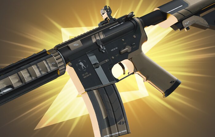 M4A4 | Desert-Strike Covert CS2 skin from the Huntsman Collection (released May 1, 2014) featuring a tan and black tactical combat-style design – cheapest red rarity skins in CS2 (CS:GO) priced around $31.87 to $153.37