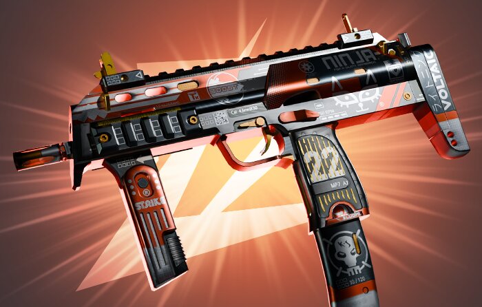 MP7 | Bloodsport Covert CS2 skin from the Clutch Collection (released February 14, 2018) featuring a red-white-black racing design with numbers and technical markings – cheap covert skins in cs2 priced around $23.00 to $106.00