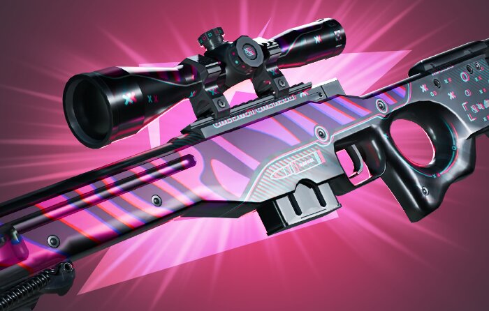 AWP | Chromatic Aberration Covert CS2 skin from the Recoil Collection (released July 1, 2022) featuring a cyberpunk RGB glitch effect with red, blue, and green outlines – cheapest red skins CS2 priced around $29.00 to $103.00