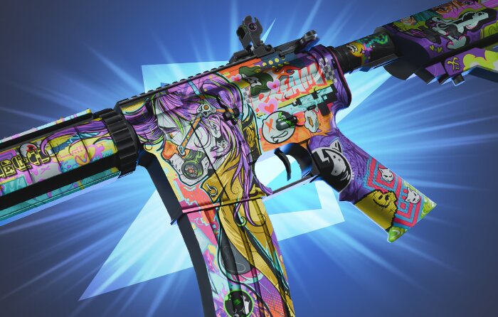 M4A4 | In Living Color Covert CS2 skin from the Snakebite Collection (released May 3, 2021) with vibrant neon graffiti-style artwork and abstract shapes – affordable covert skins priced around $26.92 to $171.68