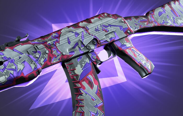 Alt text:
AK-47 | Head Shot Covert CS2 skin from the Revolution Collection (released February 9, 2023) featuring a neon pink and purple cyberpunk character with glitch effects – cheapest covert skins priced around $29.30 to $184.39