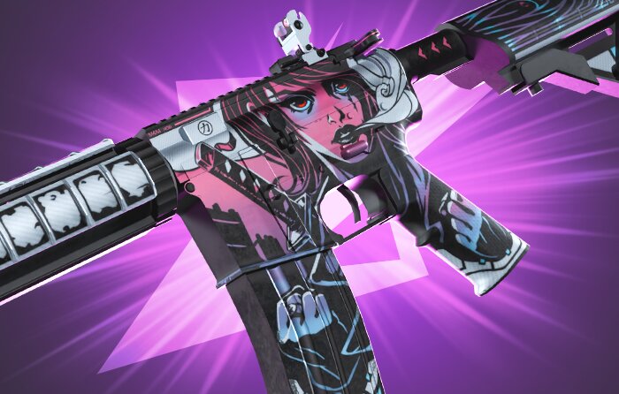 M4A4 | Neo-Noir Covert CS2 skin from the Clutch Collection (released February 14, 2018) featuring a black, white, and purple noir-style girl design – cheapest red rarity skins CS2 (CS:GO) priced around $29.34 to $172.23