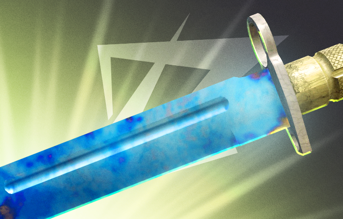 Bayonet Knife | Case Hardened CS2 (CS:GO) blue gem from The Arms Deal update, featuring a classic long blade with a rare blue gem pattern and slight gold coloration even on top-tier seeds, ranked among the best Case Hardened patterns on the case hardened pattern sheet and recognized as a timeless counter strike blue gem knife collectible.
