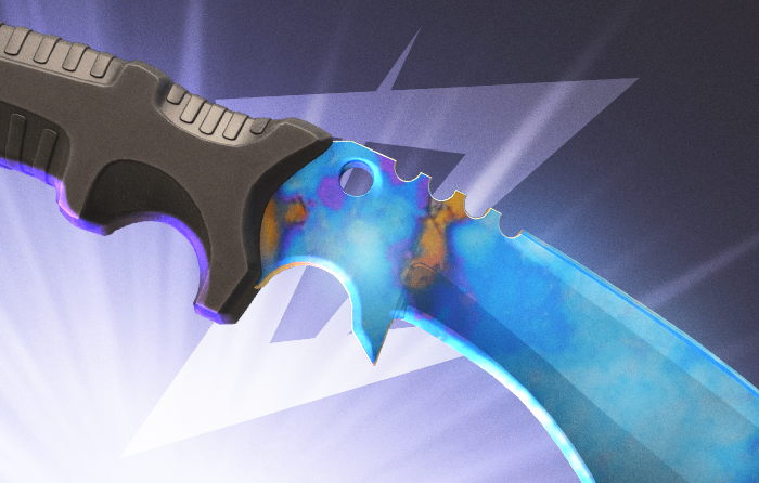 Kukri Knife | Case Hardened CS2 (CS:GO) blue gem from The First Actual CS2 Skins update, featuring a clean, almost fully blue gem pattern on a curved blade, ranked among the best Case Hardened patterns on the case hardened pattern sheet, a modern counter strike blue gem knife with top-tier blue gem case hardened seeds valued over $30,000.