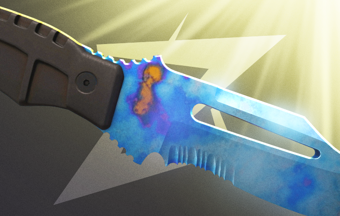 Survival Knife | Case Hardened CS2 (CS:GO) blue gem from Operation Shattered Web, featuring a sharp hooked tip and serrated straight blade with a striking blue gem pattern, ranked among the best Case Hardened patterns on the case hardened pattern sheet, a distinctive counter strike blue gem knife where top-tier blue gem case hardened seeds reach several thousand dollars.