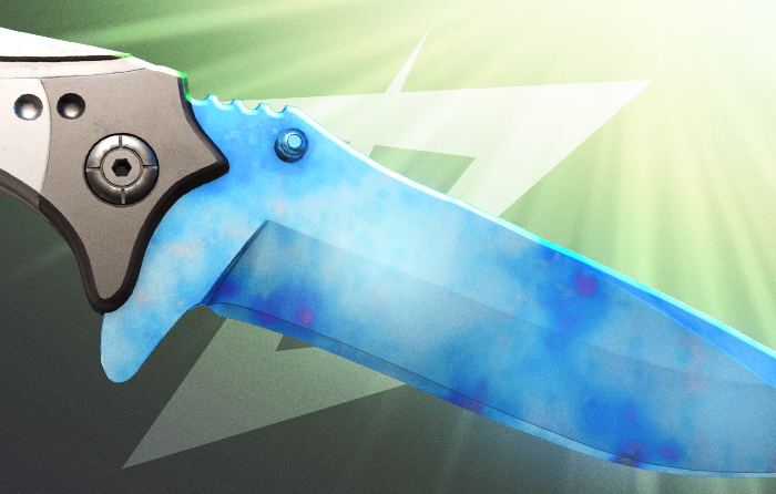 Nomad Knife | Case Hardened CS2 (CS:GO) blue gem from Operation Shattered Web, featuring a wide tactical blade with a striking blue gem pattern, ranked among the best Case Hardened patterns on the case hardened pattern sheet, a premium counter strike blue gem knife with top-tier blue gem case hardened seeds valued around $10,000.