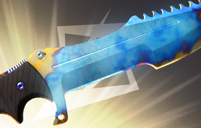 Huntsman Knife | Case Hardened CS2 (CS:GO) blue gem from The Hunt Begins update, featuring a large blade with a bold blue gem pattern, ranked among the best Case Hardened patterns on the case hardened pattern sheet, a striking counter strike blue gem knife where even top-tier blue gem case hardened seeds do not fully cover the blade.