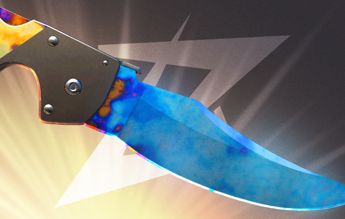 Falchion Knife | Case Hardened CS2 (CS:GO) blue gem from The Hunter and the Hunted update, featuring a blade and extended handle with a distinctive blue gem pattern, ranked among the best Case Hardened patterns on the case hardened pattern sheet, a unique counter strike blue gem knife where the handle often shows gold coloration and includes a rare inspect animation.
