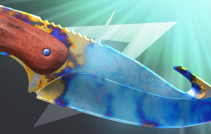 Gut Knife | Case Hardened CS2 (CS:GO) blue gem from The Arms Deal update, featuring a rounded hooked blade with a noticeable blue gem pattern and wooden handle, ranked among the best Case Hardened patterns on the case hardened pattern sheet, a classic counter strike blue gem knife with high-tier blue gem case hardened seeds valued at several thousand dollars.
