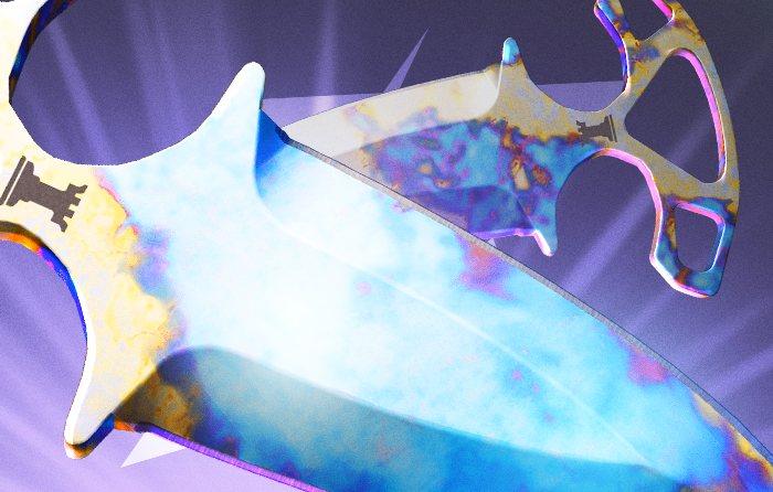 Shadow Daggers | Case Hardened CS2 (CS:GO) blue gem from the Shadow Boxing update, featuring dual blades fully covered in Case Hardened finish with a striking blue gem pattern, ranked among the best Case Hardened patterns on the case hardened pattern sheet, a unique counter strike blue gem knife set where only one dagger displays visible blue gem case hardened coloration.