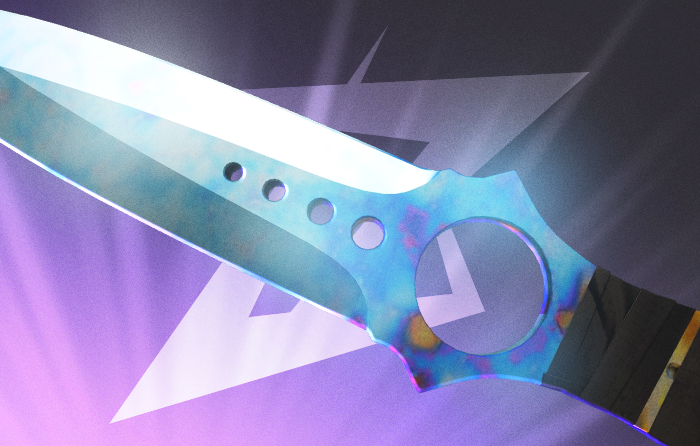 Skeleton Knife | Case Hardened CS2 (CS:GO) blue gem from Operation Shattered Web, featuring one of the best-looking blue gem patterns on a skeletonized tang blade with taped handle, a standout counter strike blue gem knife listed on case hardened pattern sheet guides among the best Case Hardened patterns, enhanced by its unique finger-rotation inspect animation.