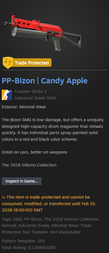 Steam inventory showing a CS2 item marked with a yellow “Trade Protected” shield, indicating it is eligible for CS2 Trade Reversal within the last 7 days and can only be reversed if you still control the Steam account.