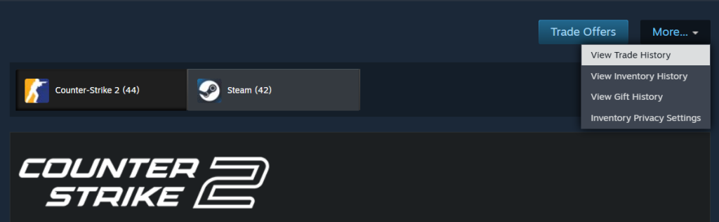 Steam Inventory menu showing the “More…” button with the “View Trade History” option, where users can check trade-protected items and see the exact trade protection expiration date.