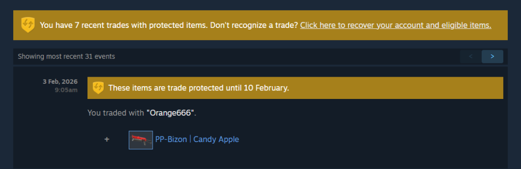 Steam trade history screen showing the “Reverse Trade” button, allowing eligible users to start CS2 Trade Reversal and view which recent trades will be affected after account compromise.