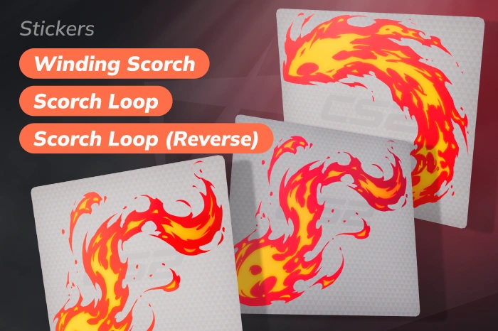 Stickers | Winding Scorch, Scorch Loop, and Reverse, High Grade items released October 2, 2024 from the Elemental Craft Stickers collection, featuring flowing red fire patterns that connect across the weapon, paper finish, starting at $0.09–$0.12, among the cheapest options for cheap red stickers CS2 crafts.