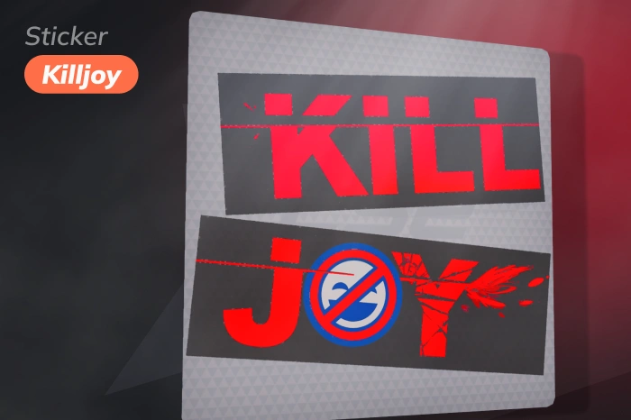 Sticker | Killjoy, a High Grade item released November 26, 2019 from the Halo Capsule, featuring two black stripes with the word “Killjoy” and a smiley face replacing the “O,” paper finish, starting at $1.06, a versatile and affordable option among red stickers CS2.