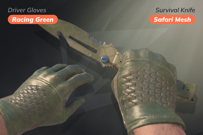 Best glove knife combo CS2 featuring ★ Survival Knife | Safari Mesh paired with ★ Driver Gloves | Racing Green in a clean, budget-friendly green loadout. ★ Driver Gloves | Racing Green price: $38.92 – $336.99; cases: Clutch Case, Revolution Case. ★ Survival Knife | Safari Mesh price: $50.23 – $89.00; cases: Fracture Case, Shattered Web Case.