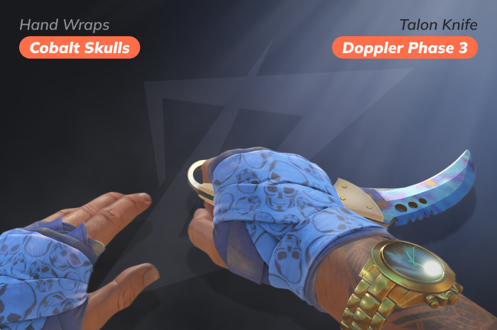 CS2 glove and knife combo featuring ★ Talon Knife | Doppler Phase 3 paired with ★ Hand Wraps | Cobalt Skulls in a bold blue-themed loadout. ★ Hand Wraps | Cobalt Skulls price: $205.76 – $1,466.36; cases: Clutch Case, Revolution Case. ★ Talon Knife | Doppler Phase 3 price: $835.25 – $890.00; cases: Prisma 2 Case, Prisma Case.