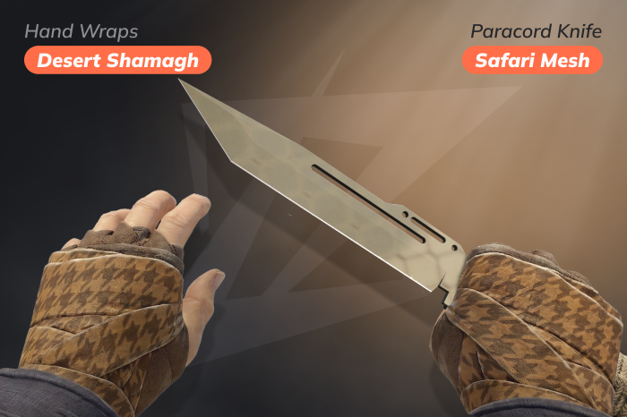 Cheapest glove knife combos featuring ★ Paracord Knife | Safari Mesh paired with ★ Hand Wraps | Desert Shamagh in a minimal, budget-friendly loadout. ★ Hand Wraps | Desert Shamagh price: $51.94 – $790.00; cases: Operation Broken Fang Case, Recoil Case, Snakebite Case. ★ Paracord Knife | Safari Mesh price: $49.68 – $97.79; cases: Fracture Case, Shattered Web Case.