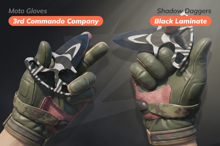 Cheap knife and glove combo CS2 featuring ★ Shadow Daggers | Black Laminate paired with ★ Moto Gloves | 3rd Commando Company in a tactical, budget-friendly loadout. ★ Moto Gloves | 3rd Commando Company price: $53.74 – $335.90; cases: Operation Broken Fang Case, Recoil Case, Snakebite Case. ★ Shadow Daggers | Black Laminate price: $46.20 – $71.44; cases: Dreams & Nightmares Case, Operation Riptide Case.