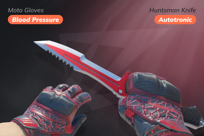 Best red knife glove combo featuring ★ Huntsman Knife | Autotronic paired with ★ Moto Gloves | Blood Pressure in a bold red-themed loadout. ★ Moto Gloves | Blood Pressure price: $109.91 – $762.82; cases: Operation Broken Fang Case, Recoil Case, Snakebite Case. ★ Huntsman Knife | Autotronic price: $98.53 – $195.40; cases: Dreams & Nightmares Case, Operation Riptide Case.