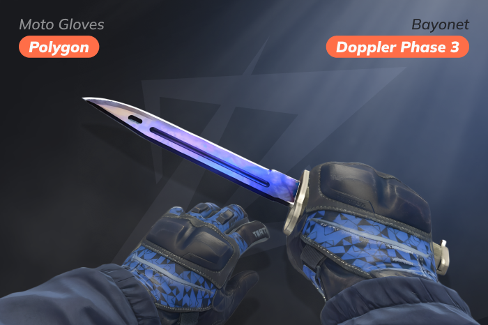 Best blue knife glove combo featuring ★ Bayonet | Doppler Phase 3 paired with ★ Moto Gloves | Polygon in a vibrant blue-themed loadout. ★ Moto Gloves | Polygon price: $112.70 – $710.25; cases: Clutch Case, Revolution Case. ★ Bayonet | Doppler Phase 3 price: $413.08 – $477.49; cases: Chroma 2 Case, Chroma 3 Case, Chroma Case.