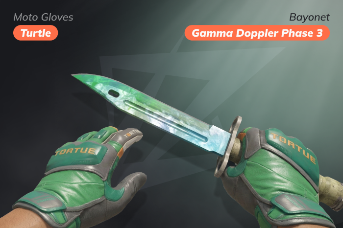 CS2 best green knife glove Combo featuring ★ Bayonet | Gamma Doppler Phase 3 paired with ★ Moto Gloves | Turtle in a clean green-themed loadout. ★ Moto Gloves | Turtle price: $75.90 – $671.65; cases: Clutch Case, Revolution Case. ★ Bayonet | Gamma Doppler Phase 3 price: $522.41 – $653.99; cases: Gamma 2 Case, Gamma Case.