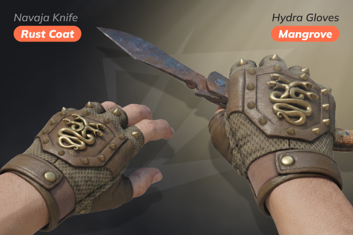 CS2 glove and knife combo featuring ★ Navaja Knife | Rust Coat paired with ★ Hydra Gloves | Mangrove in a rugged, earthy loadout. ★ Hydra Gloves | Mangrove price: $38.01 – $192.65; cases: Clutch Case, Revolution Case. ★ Navaja Knife | Rust Coat price: $45.91 – $52.27; cases: Prisma 2 Case, Prisma Case.