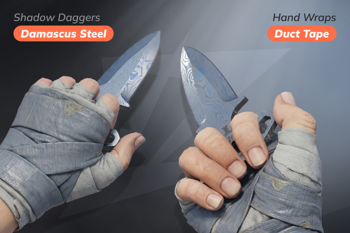 Cheap knife and glove combo CS2 featuring ★ Shadow Daggers | Damascus Steel paired with ★ Hand Wraps | Duct Tape in a clean, budget-friendly loadout. ★ Hand Wraps | Duct Tape price: $58.40 – $474.01; cases: Clutch Case, Revolution Case. ★ Shadow Daggers | Damascus Steel price: $54.25 – $70.27; cases: Spectrum 2 Case, Spectrum Case.