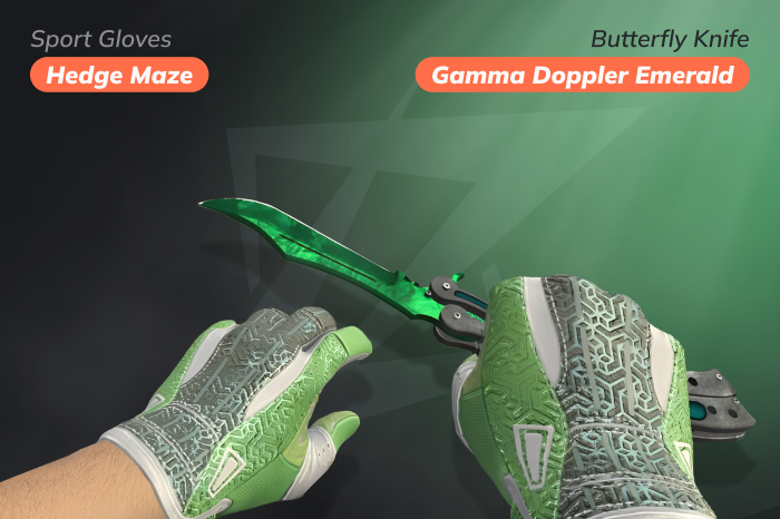 Best green knife glove combo featuring ★ Butterfly Knife | Gamma Doppler Emerald paired with ★ Sport Gloves | Hedge Maze in a premium green-themed loadout. ★ Sport Gloves | Hedge Maze price: $2,858.36 – $29,388.20; cases: Glove Case, Operation Hydra Case. ★ Butterfly Knife | Gamma Doppler Emerald price: $9,845.83 – $10,808.47; cases: Dreams & Nightmares Case, Operation Riptide Case.