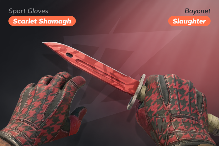 CS2 glove and knife combo featuring ★ Bayonet | Slaughter paired with ★ Sport Gloves | Scarlet Shamagh in a striking red-themed loadout. ★ Sport Gloves | Scarlet Shamagh price: $203.47 – $1,311.69; cases: Operation Broken Fang Case, Recoil Case, Snakebite Case. ★ Bayonet | Slaughter price: $286.86 – $405.70; cases: CS:GO Weapon Case, CS:GO Weapon Case 2, CS:GO Weapon Case 3, eSports 2013 Case, eSports 2013 Winter Case, eSports 2014 Summer Case, Operation Bravo Case, Operation Phoenix Weapon Case, Operation Vanguard Weapon Case, Revolver Case, Winter Offensive Weapon Case.