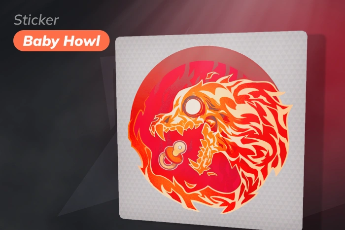 Sticker | Baby Howl, a High Grade item released August 16, 2022 from the 10 Year Birthday Sticker Capsule, featuring a fiery red-orange wolf with a pacifier, paper finish, starting at $0.72, a fun and affordable choice among the best cheap red stickers (CS:GO) CS2.