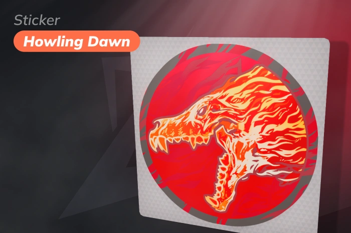 Sticker | Howling Dawn, a Contraband item released May 1, 2014, featuring a red wolf head design in paper finish, starting at $1,957.48, extremely rare and iconic, considered one of the most prestigious red CS2 (CS:GO) stickers in the game.