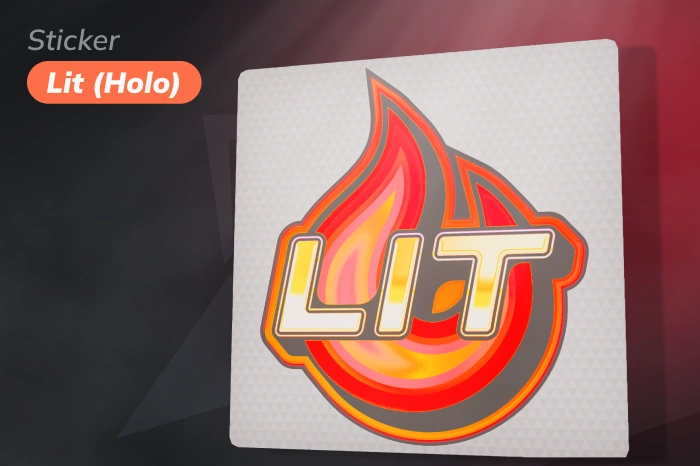 Sticker | Lit (Holo), a Remarkable item released February 6, 2024 from the Ambush Sticker Capsule, featuring bright red flames with a shimmering holographic effect, starting at $0.37, known for its strong value among red holo stickers CS2.